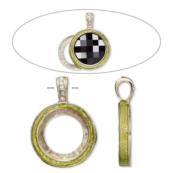 Pendant, Almost Instant Jewelry®, epoxy / crystals / gold-finished "pewter" (zinc-based alloy), peridot green and crystal clear with glitter, 33x24mm single-sided with 20mm round setting. Sold individually. image number 0