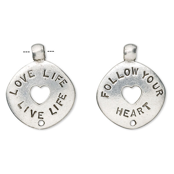 Charm, antiqued pewter (tin-based alloy), 22x18mm two-sided round donut with "Love Life Live Life" and "Follow Your Heart." Sold per pkg of 4. image number 0