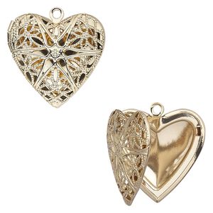 Drop, gold-finished brass, 25.5x24.5mm single-sided hinged heart bead cage with cutout flower and 18.5x14mm heart setting. Sold individually.