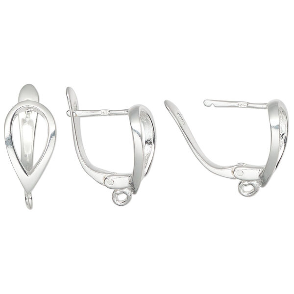 Ear wire, sterling silver, 16mm leverback with open leaf and open loop, 18 gauge. Sold per pair. image number 0