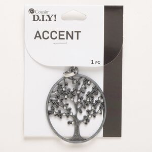 Focal, "pewter" (zinc-based alloy) and glass, pkg/1, gunmetal finish / grey / clear, 49x43mm oval with cutout tree with snap lock.