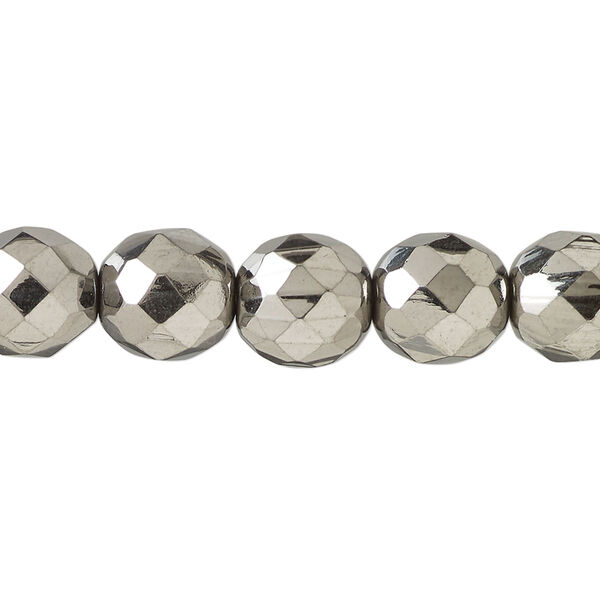 Bead, fire-polished, metallic grey glass, opaque clear, 10mm faceted round. Sold per 15-1/2 to 16-inch strand. image number 0