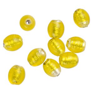Bead, lampworked glass, opaque yellow, 13x10mm-10x9mm oval with silver-colored foil. Sold per pkg of 10.