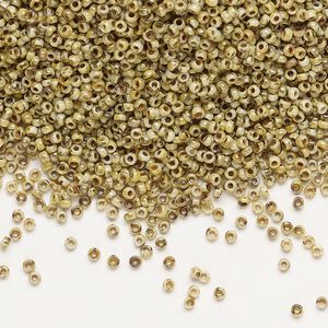 Seed bead, Miyuki, glass, pkg/35g, #15 rocaille, opaque Picasso yellow, (RR-4512).