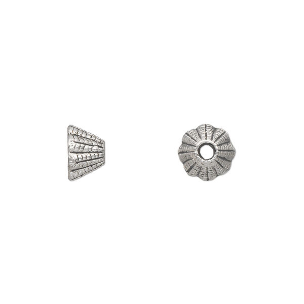 Cone, antique silver-plated "pewter" (zinc-based alloy), 8x5mm corrugated, 5mm inside diameter. Sold per pkg of 50. image number 0