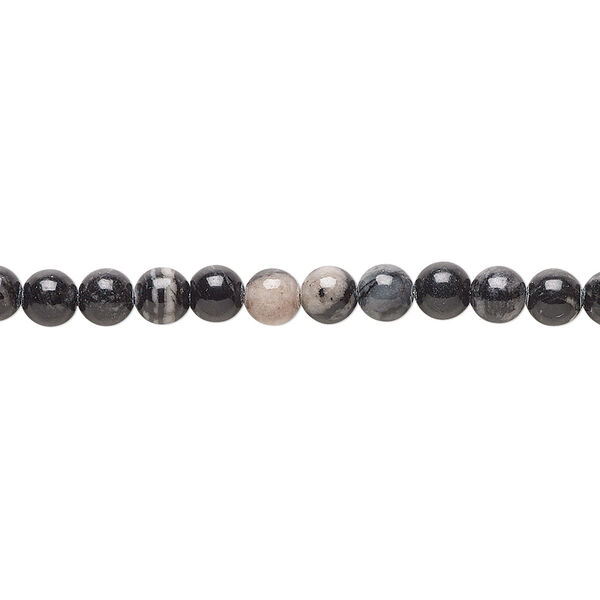 Bead, black silk stone (natural), 4mm round, C grade, Mohs hardness 4. Sold per 15-1/2" to 16" strand. image number 0