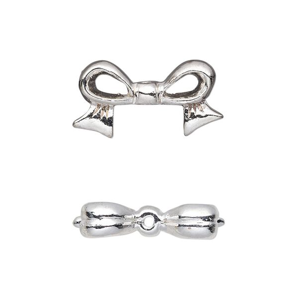 Bead, pewter (tin-based alloy), pkg/1, silver plate, 22x12mm double-sided bow, fits 10mm cube. image number 0