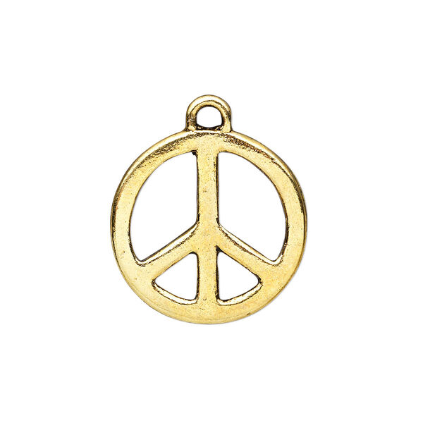 Charm, antique gold-finished "pewter" (zinc-based alloy), 20mm peace sign. Sold per pkg of 10. image number 0