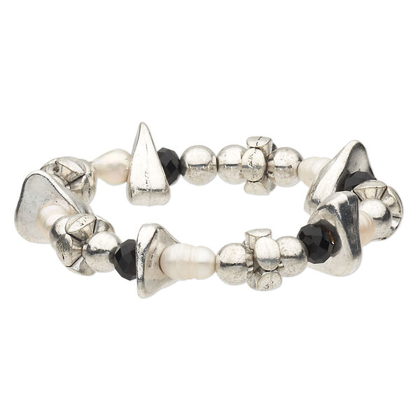 Bracelet, stretch, cultured freshwater pearl (bleached) / glass / antique silver-finished "pewter" (zinc-based alloy), black and white, 17mm wide with potato, 6-1/2 inches. Sold individually. image number 0