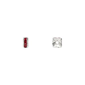 Bead, glass rhinestone and silver-plated brass, garnet red, 4x2mm squaredelle. Sold per pkg of 10.