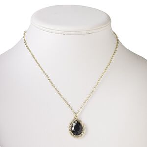 Necklace, acrylic / glass rhinestone / gold-finished steel / "pewter" (zinc-based alloy), smoky grey and clear, 25x19mm teardrop, 18 inches with 2-inch extender chain and lobster claw clasp. Sold individually.