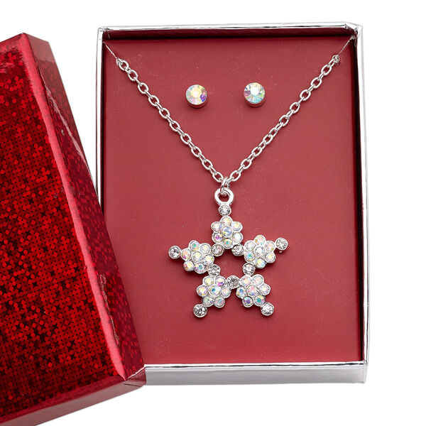 Necklace and earring set, glass rhinestone / silver-finished brass / steel / "pewter" (zinc-based alloy), clear AB, 29x28mm snowflake, 15" to 16" necklace with 3-inch extender chain and lobster claw clasp, 5mm round with post. Sold per set. image number 0