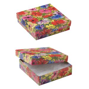 Box, paper, "cotton"-filled, multicolored, 3-1/2 x 3-1/2 x 1-inch square with floral design. Sold per pkg of 10.
