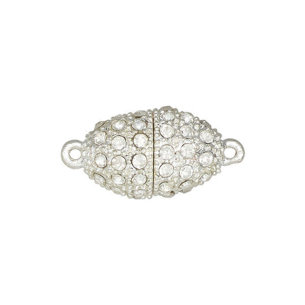 Clasp, magnetic, silver-finished brass and glass, clear, 21x13mm-21x14mm oval. Sold individually. image number 0