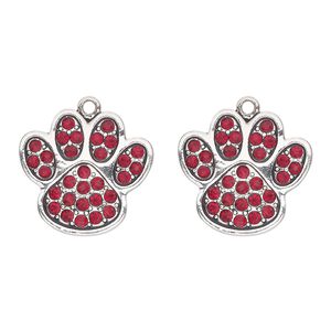 Charm, antique silver-finished "pewter" (zinc-based alloy) and glass, red, 24x23mm single-sided paw print. Sold per pkg of 2.