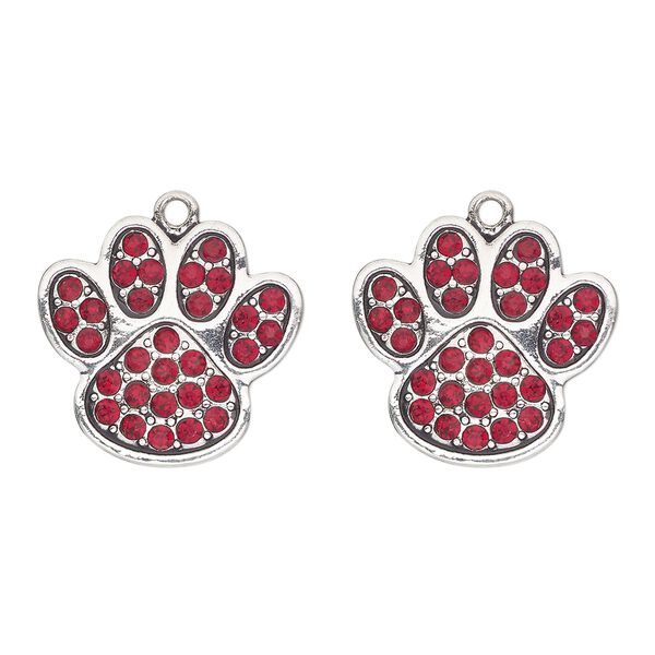 Charm, antique silver-finished "pewter" (zinc-based alloy) and glass, red, 24x23mm single-sided paw print. Sold per pkg of 2. image number 0