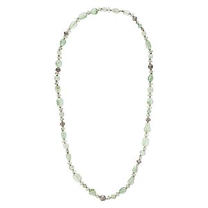 Necklace, vintage India lampworked glass / steel / antique silver-finished "pewter" (zinc-based alloy), transparent green, 37-inch continuous strand. Sold individually.