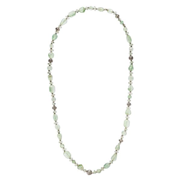 Necklace, vintage India lampworked glass / steel / antique silver-finished "pewter" (zinc-based alloy), transparent green, 37-inch continuous strand. Sold individually. image number 0