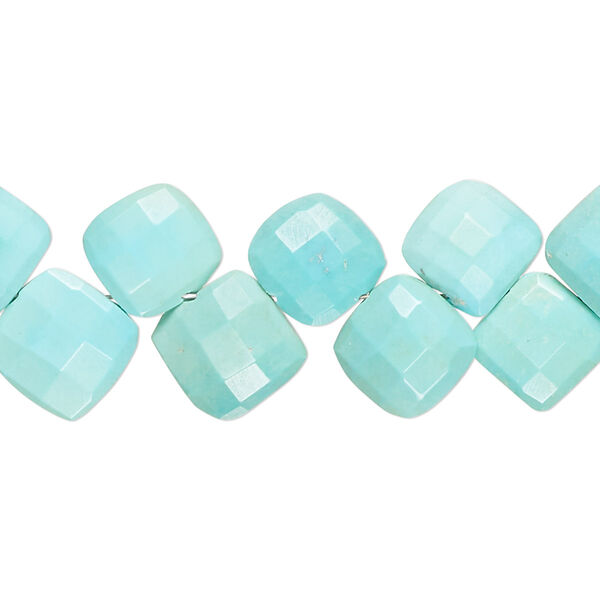 Bead, blue-green turquoise (dyed / stabilized), 10-12mm hand-cut top-drilled checkerboard-faceted puffed diamond, B grade, Mohs hardness 5 to 6. Sold per 8-inch strand, approximately 35 beads. image number 0