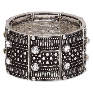 Bracelet, stretch, glass rhinestone and antique silver-plated "pewter" (zinc-based alloy), clear, 38mm wide with rectangle, 7 inches. Sold individually.