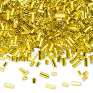 Bugle bead mix, vintage Czech glass, silver-lined yellow, 2x2mm-5x2mm with square hole. Sold per 1/4 pound pkg.