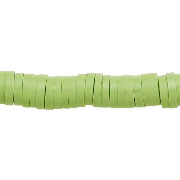 Bead, polymer clay, opaque lime green, 8x2mm heishi. Sold per pkg of (2) 15-1/2 to 16-inch strands. image number 0