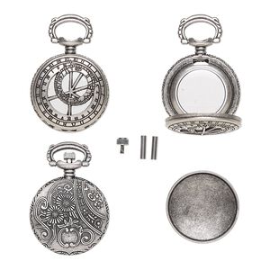 Watch body, acrylic and antique silver-finished "pewter" (zinc-based alloy), transparent clear, 41x27mm with 27mm round and dial with floral design. Sold per 5-piece set.