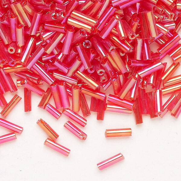 Bead, Ming Tree™, bugle bead, glass, pkg/1/4 pound, 1/4 inch, rainbow translucent hot pink. image number 0