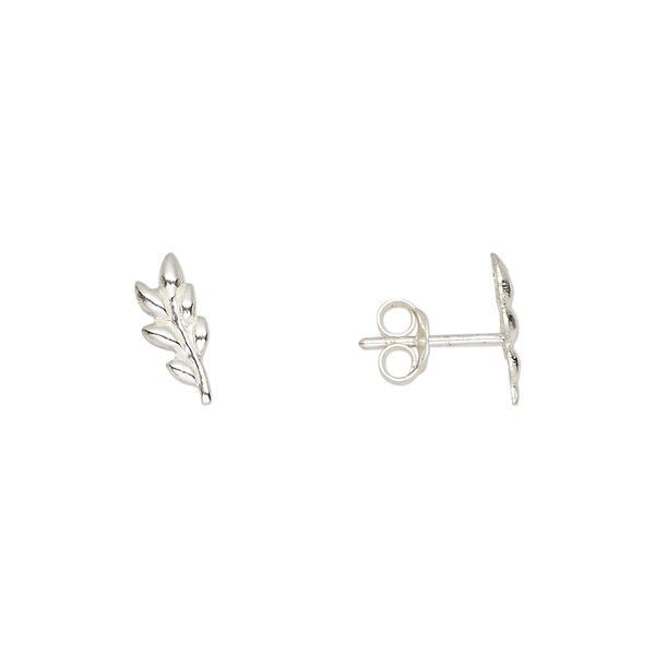Earstud sterling silver 1pkg2, 10.5x4.5mm right- and left-facing curved leaf / earnuts included, Create Compliments® 1 pair image number 0
