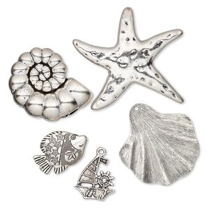 Focal / bead / charm, antique silver-plated "pewter" (zinc-based alloy), 24x22mm-59x55mm single- and double-sided assorted sea life. Sold per pkg of 5.