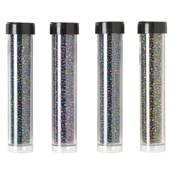 Seed bead assortment, Ming Tree™, glass, pkg/(4) 4 x 3/4 inch vials, #11 round, opaque and transparent rainbow iris purple, gold purple and peacock. image number 0