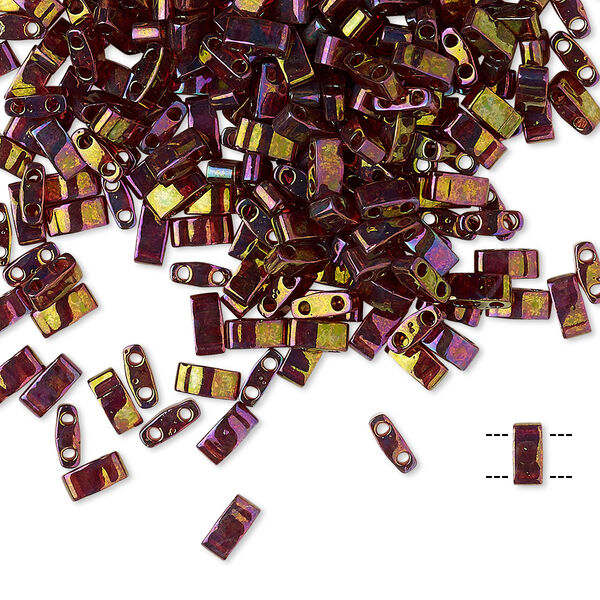 Seed bead, TILA®, glass, pkg/250g, 5x2.3mm half tila rectangle, translucent rainbow gold luster dark topaz, (HTL-301). image number 0