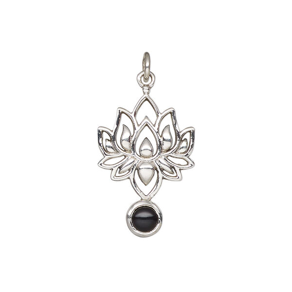 Drop, antiqued sterling silver and black onyx (dyed), 22.5 x 14.5mm single-sided lotus. Sold individually. image number 0