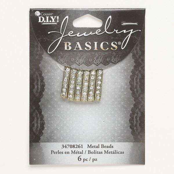 Spacer bar, "pewter" (zinc-based alloy) and glass, pkg/6, gold finish and clear, 20x6mm rectangle. image number 0