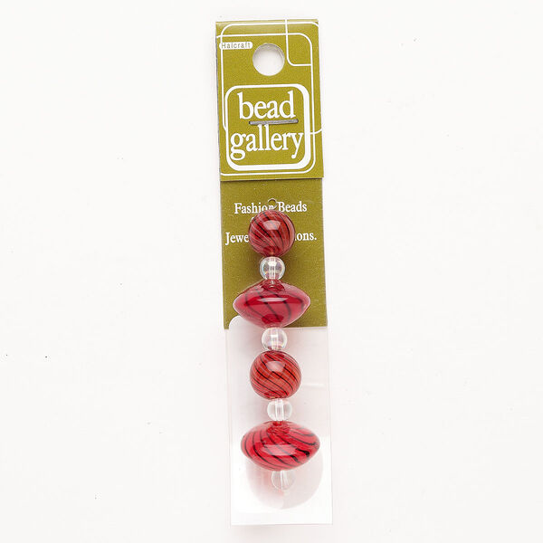 Bead 1pkg4 handblown glass, 12mm round / 20x11mm-20x12mm saucer / line design, assortment translucent red / black / white image number 0