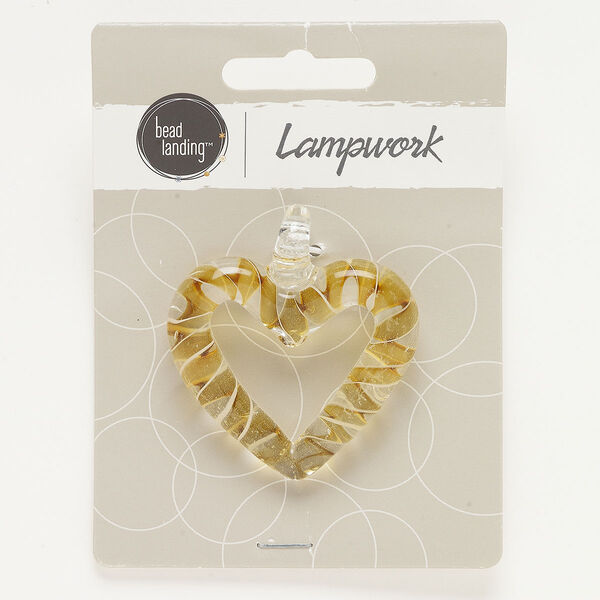 Pendant, lampworked glass, translucent and transparent amber and clear, 43x38mm heart. Sold individually. image number 0