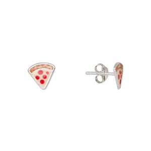 Earstud, Create Compliments®, sterling silver and enamel, brown / red / orange, 8mm pizza slice. Sold per pair.