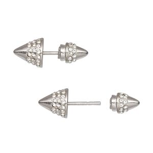 Earstud, front and back, sterling silver / cubic zirconia / silicone, clear, 21x8mm with 8mm spike and post. Sold per pair.