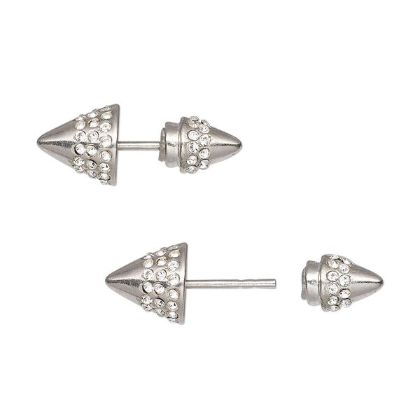 Earstud, front and back, sterling silver / cubic zirconia / silicone, clear, 21x8mm with 8mm spike and post. Sold per pair. image number 0