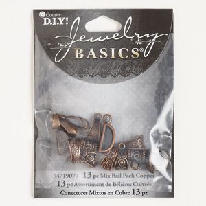 Bail mix, multi-style, brass, pkg/13, 11x6mm-15x10mm textured mixed shapes, antique copper finish.
