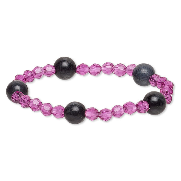 Bracelet, stretch, blackstone (dyed) and acrylic, purple, 5-6mm faceted round and 9-10mm round, 6 inches. Sold individually. image number 0