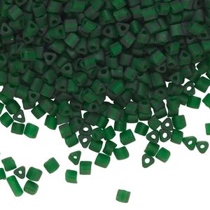 Bead, Czech glass, translucent matte green, 3mm triangle rondelle. Sold per 1-ounce pkg, approximately 500 beads.