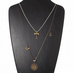 Necklace, 2-strand, brass / silver- / gold- / antiqued brass-finished "pewter" (zinc-based alloy) /antiqued brass-finished steel, white, 26mm clock, 24 inches with 2-inch extender chain and lobster claw clasp. Sold individually.