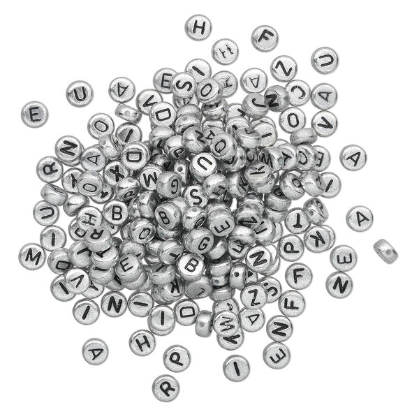 Bead mix, acrylic, opaque silver and black, 7mm double-sided flat round with alphabet letters. Sold per pkg of 200. image number 1