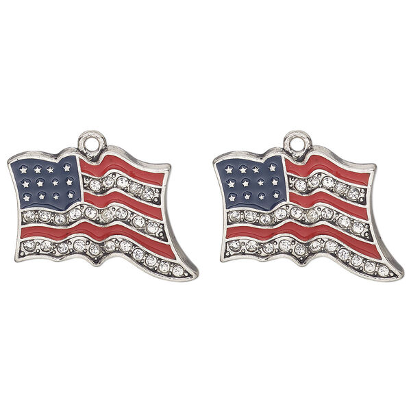 Charm, antique silver finish "pewter" (zinc-based alloy) / enamel / glass, blue / red / clear, 27x20mm single-sided American flag, Sold per pkg of 2. image number 0