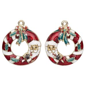 Charm, enamel and gold-finished "pewter" (zinc-based alloy), multicolored, 21x20mm left- and right-facing single-sided Santa Claus wreath. Sold per pkg of 2.