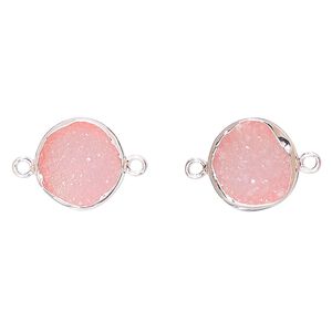 Link, druzy agate (dyed) and sterling silver, pink, 12mm single-sided round. Sold per pkg of 2.