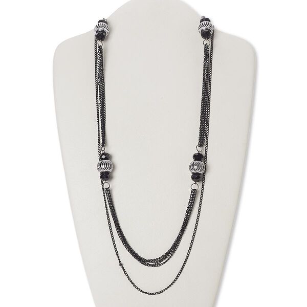 Necklace, glass / acrylic / steel / silver-coated plastic, black, rondelle, 34-inch continuous loop. Sold individually. image number 0