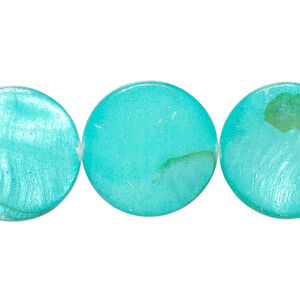 Mother-of-pearl shell 1pkg1, puffed flat round bead 15 inch aqua blue 19-20mm