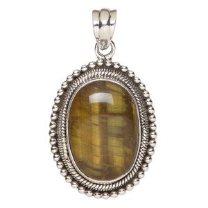 Pendant, tigereye (natural) and antiqued sterling silver, 32x26mm-35x31mm beaded oval. Sold individually.